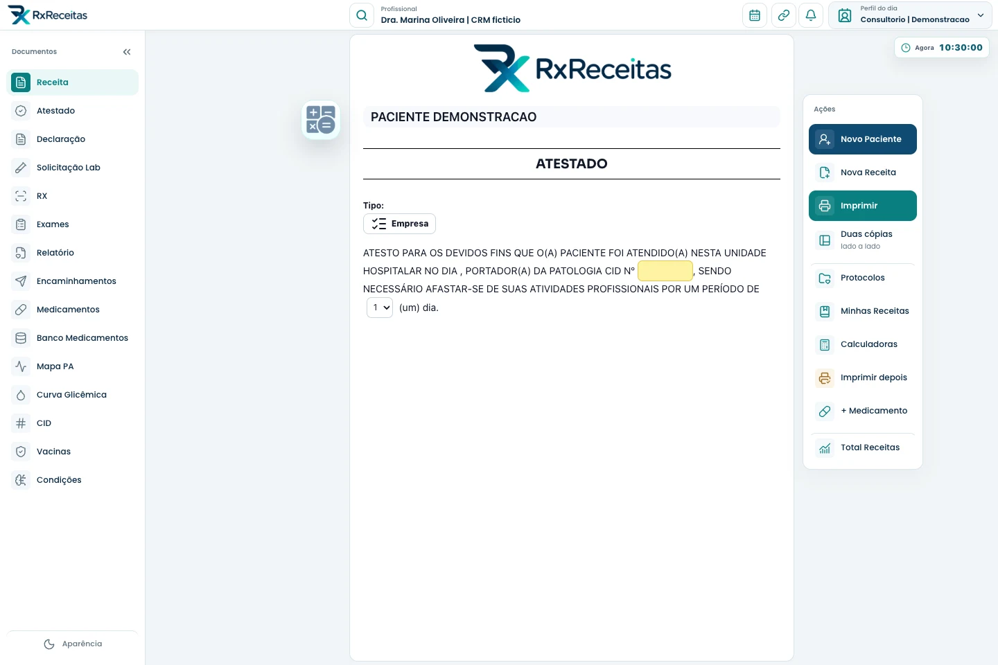 Área de atestado do Rx Receitas, com campos de documento e identificação fictícia para demonstração.