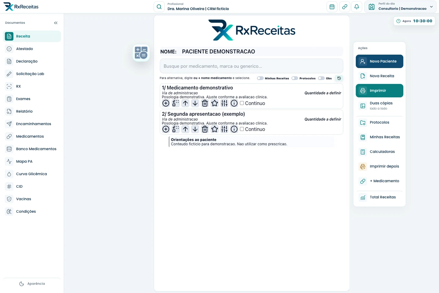 Montagem de receita no Rx Receitas, com busca de medicamentos e ações de impressão. Dados fictícios.